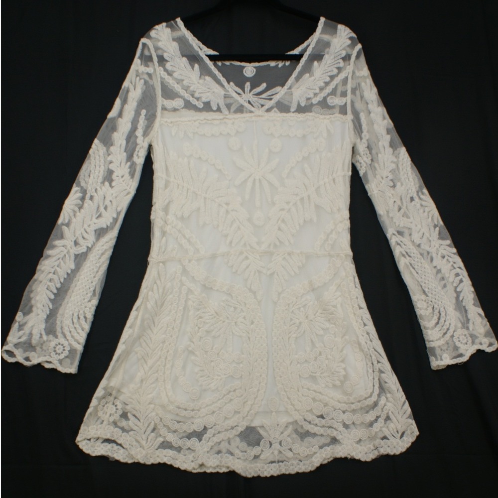 Tokyo Darling White Lace Mesh Long Sleeve Mini Dress Boho Bridal Small